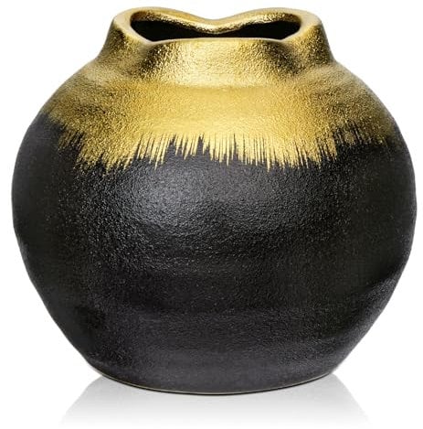 Oairse Vintage Black Gold Vase for Flowers, Small Ceramic Flower Vase For Decorative Wedding Party Home Vases Décor Table Centerpieces Mantel Shelf Living Room Bedroom Decoration, 14cm Tall