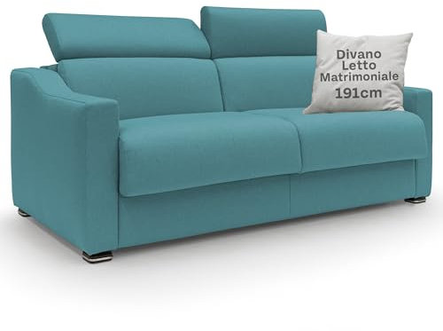 Sofabett Amber für Doppelbett, 191 cm, aus schmutzabweisendem Stoff, Matratze 140 x 197 cm und Höhe 18 cm, handgefertigt, hellblau