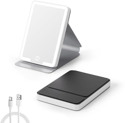 Kintion Travel Makeup Mirror, Rechargeable Compact Mirror with Light, Portable LED Pocket Mirror, Folding Vanity Mirror, 3 Color Modes Dimmable, Handbag Small Mirrors for Women Gift, Black