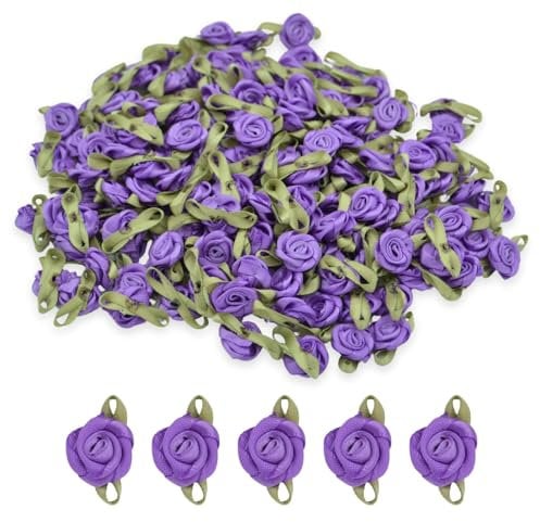 celloexpress 15mm Purple #14 Satin Ribbon Roses with Green Leaves - Small Flower Buds - Crafts, Embellishments (Pack of 50)