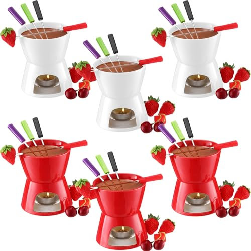 Mudder 6-teiliges Fondue-Tassen-Set aus Keramik und 24-teiliges Gabel-Set zum Schmelzen von Schokolade, Käse, Brühe oder Tapas als Valentinstagsgeschenk (rot und weiß)
