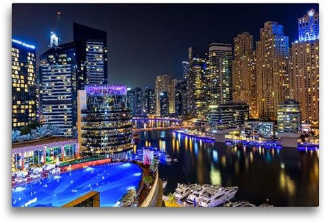 CALVENDO Premium Textil-Leinwand 75 x 50 cm Querformat Dubai Marina mit Blick auf die Skyline und den Hafen - Dubai | Wandbild, HD-Bild auf Keilrahmen, Wanddekoration, Kunstdruck von Uwe Herzog