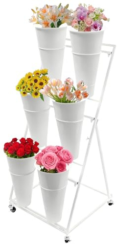 SPTZQURY Blumenständer, 3 Etagen Metall Pflanzenständer mit Rädern und Eimern, Heavy Duty Moving Schmiedeeisen Florist Regal, für Terrassengarten, Wohnzimmer, Florist (3 Tier 6 White Bucket)