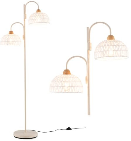 RELAX4LIFE Stehlampe, Stehleuchte 2-flammig, Standleuchte mit E27 Fassung & Fußschalter, Standlampe aus Metall & Hanfseil, 350° Drehbarer Lampenschirm, für Wohnzimmer Arbeitszimmer Schlafzimmer, Weiß