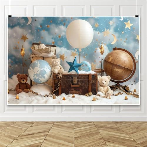 Bovlleetd Träumerisch Bär Schatzsucher Fotografie Hintergrund Wolken Sterne Mond Globus Hintergrund für Baby Dusche Geburtstage Party Graduierung Zeremonien Hochzeiten 300x600cm Vinyl