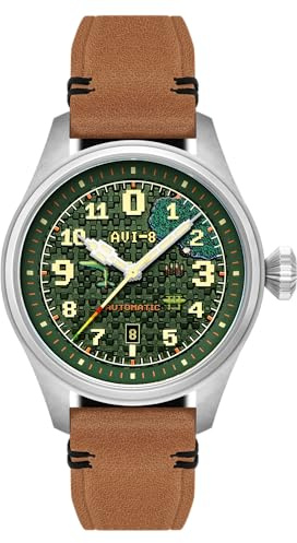 AVI-8 Hawker Hurricane Clowes Automatik Capcom 1942 Pixel Limited Edition Armbanduhr für Herren, 46 mm, Lederarmband, AV-4126, Green Ace