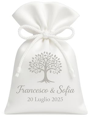 Cormar Sacchetto Bomboniera Matrimonio in Raso, Tema Albero della Vita, Personalizzabile con Nomi e Data, Bianco con Coulisse Kit da 24 Pz