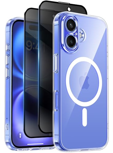 HeIssitot for iPhone 16 Case, Privacy Screen Protectors X2, Clear | Compatible with MagSafe, Camera Protection, 15FT Military Drop Protection, Rugged Shockproof Transparent Phone Cover