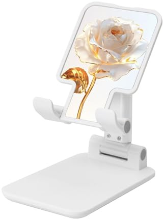 White Roses Gold Leaf Supporto per cellulare pieghevole ad angolo regolabile in altezza Supporto per cellulare portatile da tavolo compatibile con tutti gli smartphone bianco