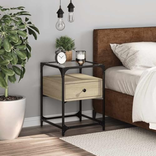 JHQHSM Table de chevet en chêne Sonoma - 40 x 40 x 55 cm - Matériau bois avec plateau en verre et étagère - Table d'appoint robuste pour salon et chambre à coucher - Durable - Résistant à l'humidité