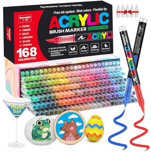 Camiki Art Acrylic Paint Pens, 168 Colors Acrylic Brush Paint Markers, Acrylic Markers for Rock Painting Stone Glass Ceramic Wood Metal Fabric