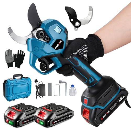 ONEVAN Battery Secateurs Pruning Shears - 40mm Cutting Diameter Brushless Electric Secateurs, 2-Cutting Opening, LCD Display, Two SK5 Blades, with 2 * 1.5Ah Battery, Best Gift for Father's Day