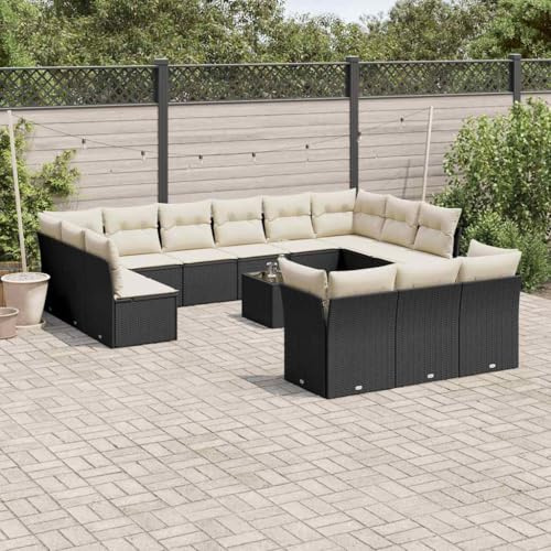 Holamys 14-TLG. Garten-Sofagarnitur Schwarz Poly Rattan, robuste Outdoor Möbel Set für Terrasse Balkon Garten, modulare Sitzgruppe mit Stauraum, Pflegeleichte Gartenmöbel Tischgruppe
