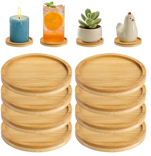 8 piatti per candele in bambù, sottobicchieri in legno, rotondi, per candele a pilastro, portacandele in legno, 9,5 cm, per piante, bicchieri, candele, vassoio decorativo