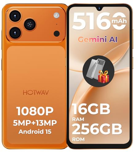 HOTWAV A17 Pro Max Smartphone Android 15, 16GB+256GB/TF TB Telefono Cellulare, 5160mAh Cellulare, 6.75 Pollici Telefoni, 13MP+5MP Camera, Dual SIM 4G Telefono/1080P/GPS/Face ID/Fingerprint - Arancione