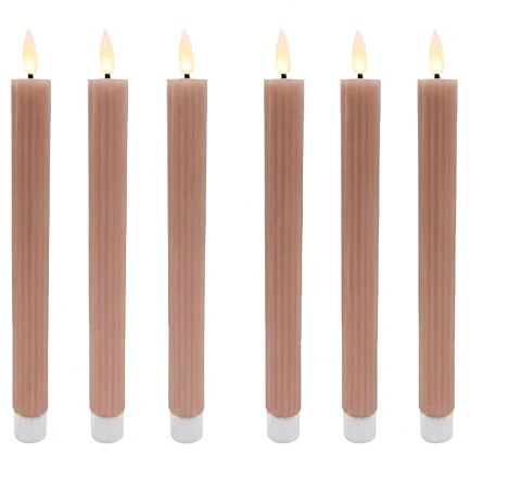 Relaxdays LED Stabkerzen, 6er Set, HxD: 25 x 2 cm, flackernde Flamme, Echtwachs, mit Rillen, flammenlose Kerzen, Altrosa