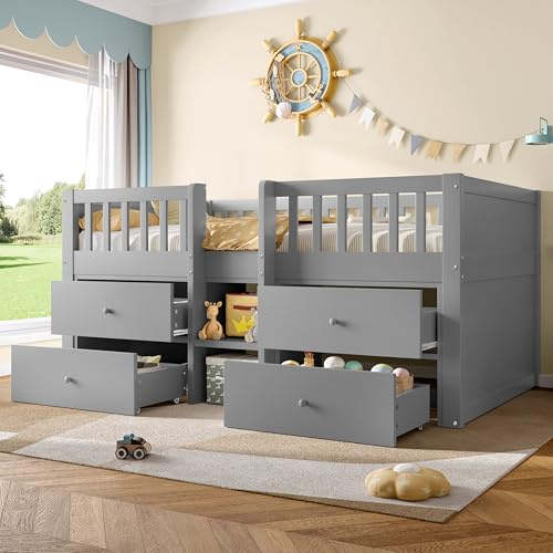 BTM 3ft Kids Single Bed with Drawer Storage, Solid Wood Children's Low Loft Bed with Guardrail, Mid Sleeper Grey (No Mattress)