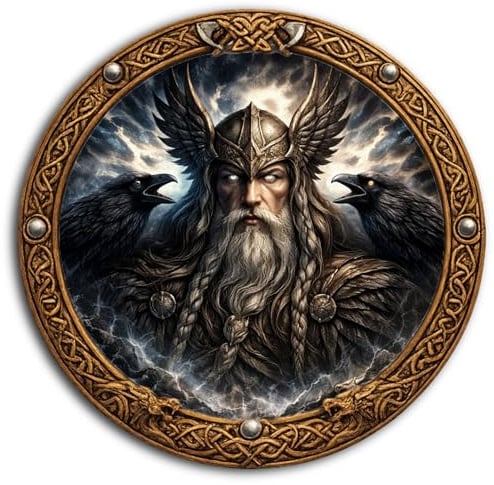 DARO Design - Viking Wandbilder Rund Ø 20 cm - Odin – Nordische Mythologie & Mystic Motiv - Als Wandbild oder Aufsteller – Inkl. Wandhaken & Ständer Aufsteller
