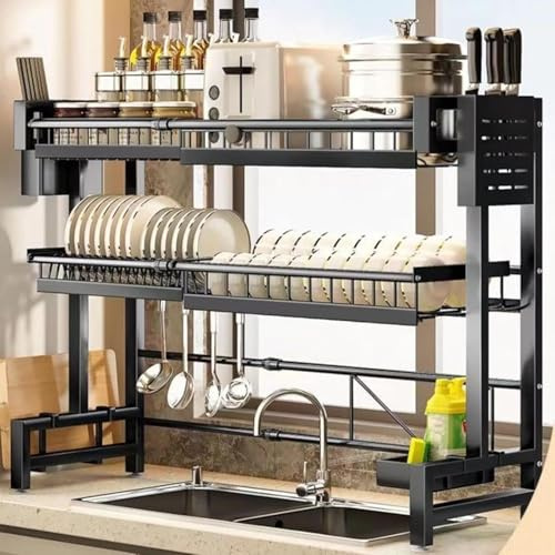 Liwankaqi 2 Tier Over Sink Drying Rack Adjustable 62-100cm Rustproof | Carbon Steel Adjustable 62-100cm Over Sink Drying Rack with Utensil Sponge Holders for Kitchen Counter Organiser Rustproof