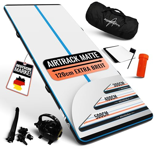 AthleticPro Airtrack Matte [3m/4m/5m Lang] - 120cm Extra Breit - 10/20cm Höhe - Aufblasbare Turnmatte für Bodenturnen & Akrobatik inkl. elektrischer Pumpe, Reparaturset & Tasche (400 x 120 x 10 cm)