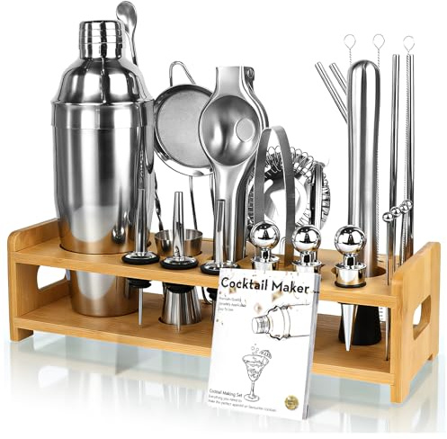 26-teiliges Cocktail Shaker Set, 700ML Boston Cocktail Shaker aus Edelstahl | Profi Barkeeper Mojito Drinkset Set, mit Sieb, Bambusständer und Rezeptbuch, für Partys, Hausbar & Geburtstag(Silber)