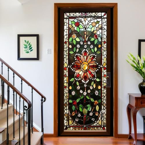 Türfolie 90 x 200 cm Glasblumen Türtapete Türposter Rahmen in Holzoptik Türaufkleber für Wohnzimmer Kinderzimmer Küche Bad
