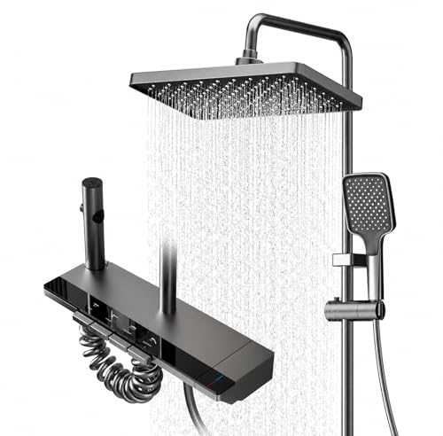 FLOWZEN Shower Mixer Set with Piano-Key Control, Gunmetal Grey | 4 outlet shower system with rainfall head, handheld shower, spray gun, bath filler and adjustable riser rail