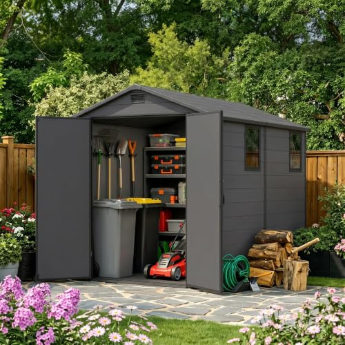 JUMMICO 6x8 XXL Gartenhaus, 9,4m³ Kunststoff-Geräteschuppen mit Boden, 185x240x210 cm, Wetterfest & Frostsicher, Ideal für Fahrräder, Rasenmäher, Gartengeräte, Dunkelgrau