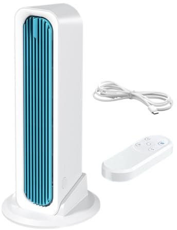Kawiithn Ventilatore a Torre Senza Pale Ricaricabile, Mini Ventilatore da Tavolo Silenzioso con Telecomando, 3 Velocità, Oscillante Portatile USB per Scrivania, Camera e Ufficio