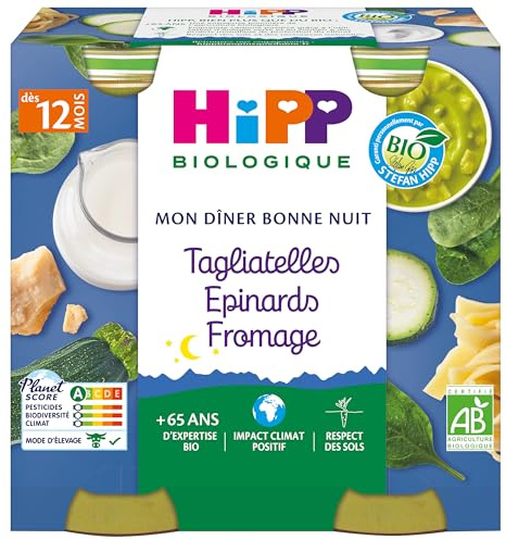 HiPP BIOLOGIQUE Bonne Nuit Tagliatelles Epinards Fromage pots 2x250g