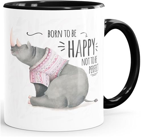 MoonWorks Tasse à café avec inscription « Nashorn Born to be happy not to be perfect Quote glücklich fröhlich positives Denken » - Noir - Taille unique