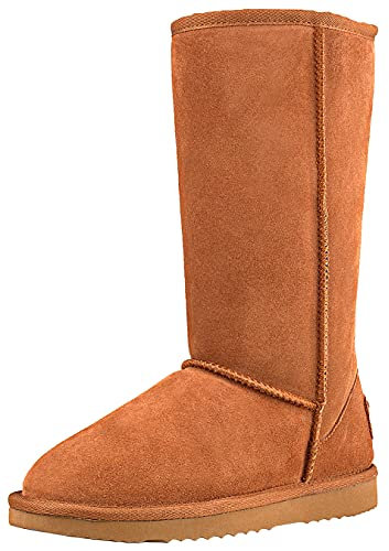 Shenduo Damen Wasserdicht Schlupfstiefel Halbschaft Winterstiefel Klassisch Leder Winterschuhe D5115 Chestnut 41EU