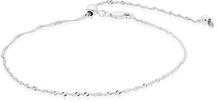 'SEA OF ICE Sterling Silver 1mm Twisted Curb Singapore Rope Chain Adjustable Bracelet For Women, Size 10'' Italy'