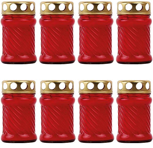8X Grablicht Grabkerze aus Glas Rille (10.5cm) ca. 24 Stunden Brenndauer/Farbe: Rot