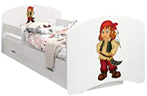 Happy Babies - Doppelseitiges KINDERBETT MIT SCHUBLADE Modernes Design mit sicheren Kanten und Absturzsicherung Schaumstoffmatratze 7 cm. (140x70, 42. Pirat)