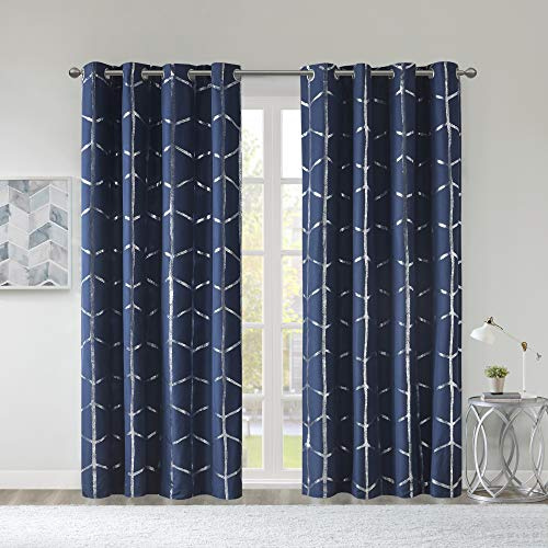 Intelligent Design Raina Total Blackout Metallic Print Grommet Top Single Window Curtain Panel Thermal Insulated Light Blocking Drape for Bedroom Living Room and Dorm, 50x84, Navy/Silver 1 Piece