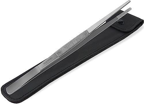 Profi Grillzange Grillpinzette Kochpinzette aus rostfreiem Edelstahl Pinzette mit Innenzahnung in Gerader Ausführung im Etui für präzises Fassen und Wenden von Fleisch, Würstchen oder Gemüse (35 cm)