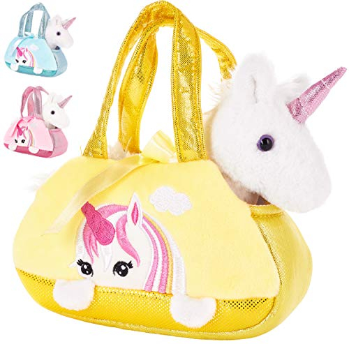 BRUBAKER Einhorn Tasche Weiß - 20 cm - Plüschtier in Handtasche - Plüsch Stofftier Kuscheltier - Gelb