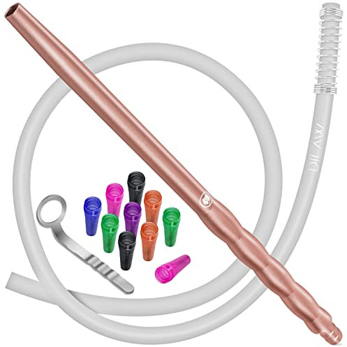 DILAW® Shisha Silikonschlauch Set mit Alu Mundstück inkl. 10 x Hygienemundstücke + Schlauchhalter + Knickschutzfeder- Premium Schlauch 150cm Matt - für alle Wasserpfeifen - Zubehör, Farbe: Rosé Gold