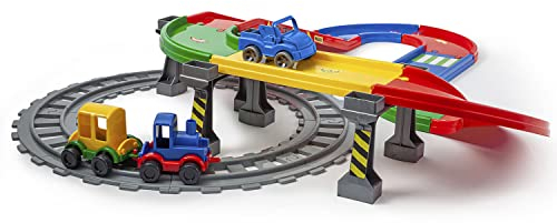 Wader 51530 - Play Tracks Railway Auto- und Eisenbahn, Set aus Schienen und Straße mit ca. 3,4 m Länge, inkl. 3 Fahrzeugen und 48 Sticker, ab 1 Jahr, ideal als Geschenk für fantasievolles Spielen