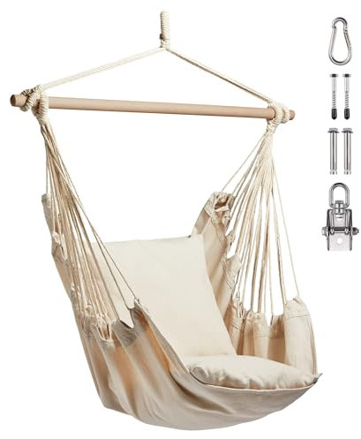 VonHaus Hanging Chair Outdoor with Attachments – Beige Garden Swing Seat & Hammock Chair, 1 Seater Rope Neutral Boho Style Portable Garden Seat for Garden, Patio, Terrace & Decking