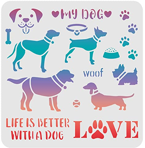 FINGERINSPIRE Zeichenschablonen für Haustiere Hunde 30 x 30 cm Life is Better with a Dog quadratisch wiederverwendbar aus Kunststoff zum Malen auf Holz, Boden, Wand und Stoff