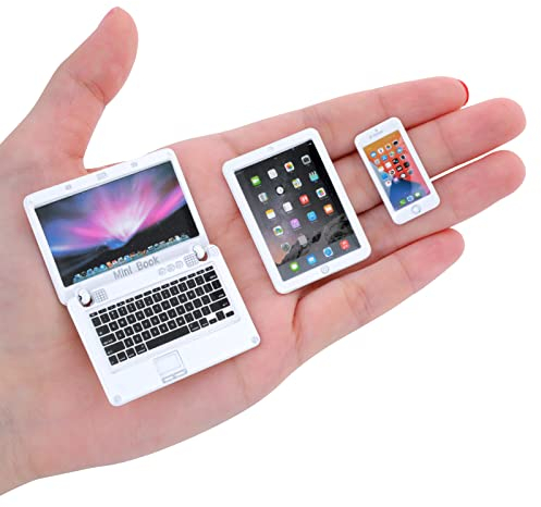 cobee 1:12 Metall Simulation Laptop Tablet Smartphone Mini 3 Stück/Set - Puppenhaus Miniaturen Computer Szene Simulation Möbel Puppenhaus Möbel Puppen Spielzubehör (weiß-3 Stück)