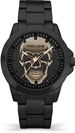 Police Flick Herrenuhr mit Totenkopf-Design, schwarzes Zifferblatt und schwarzes Edelstahlarmband, 47 mm Edelstahlgehäuse in Markenuhrenbox PEWJG2194802-2 Jahre Garantie, Mehrfarbig, Einheitsgröße