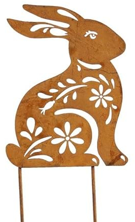 RiloStore Gartendeko Metall Hase Rostdeko Edelrost braun Metallhase Stecker 11cm Osterhase + 9cm Picks Dekohase Metallhase nr02 aufrecht sitzend
