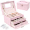 Schmuckkasten, Schmuckkästchen mit Schubladen für Damen Mädchen, PU-Leder Schmuckbox Schmuckschatulle Groß Schmuck Organizer für Ringe Ohrringe Armbänder Halsketten, Rosa