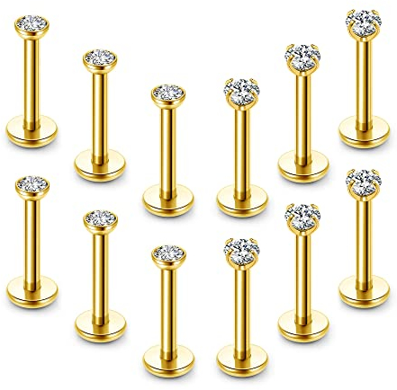 JSDDE 12er Gold Tragus Piercing 16ga Edelstahl Retainer Lippenpiercing Helix Tragus Ohr Piercing Stecker Labret Monroe Piercing Set