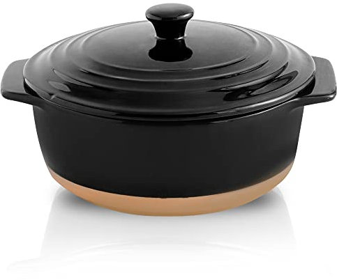 HVH Ceramic Casserole Dish with Lid Oven Safe, 2 Quart Round Casserole Dish Set, 9 Inches Round Baking Dish with Lid Oven Safe, Farmhouse Style (Black)