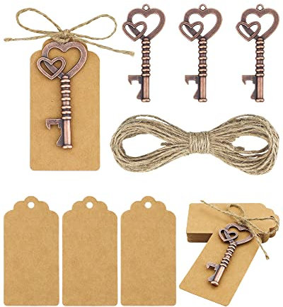 YETOOME 25 apribottiglie a chiave per bomboniere con 25 etichette per biglietti di scorta e spago, per feste di nozze, souvenir (rame rosso)