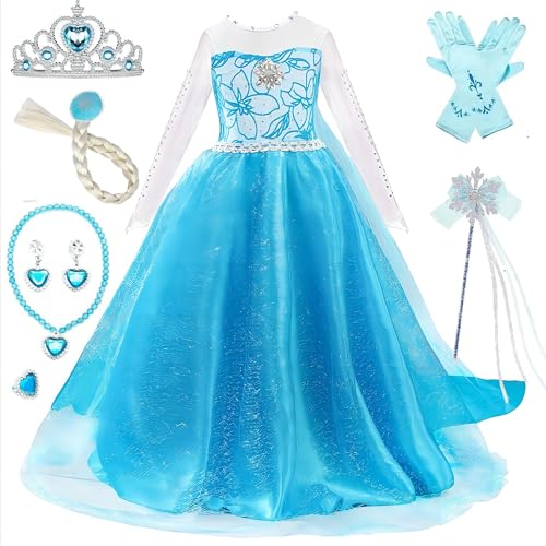 Timesun Kostüm Mädchen Prinzessin Karneval Cosplay Kleider Eisprinzessin Set aus Diadem, Handschuhe, Zauberstab, Perücke,Halskette,Ohrringe,Ringe(Blau und weiß,140)